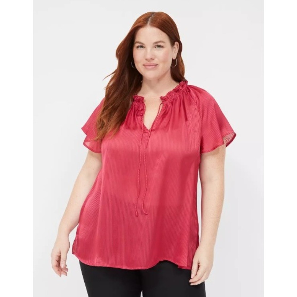 New Lane Bryant Blouse size 30/32 Red Pleated Ruffle Neck Flutter Sleeve
